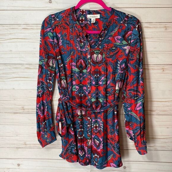 Motherhood Maternity Multicolor Floral Button Down Belted Tunic Top - Picture 1 of 16